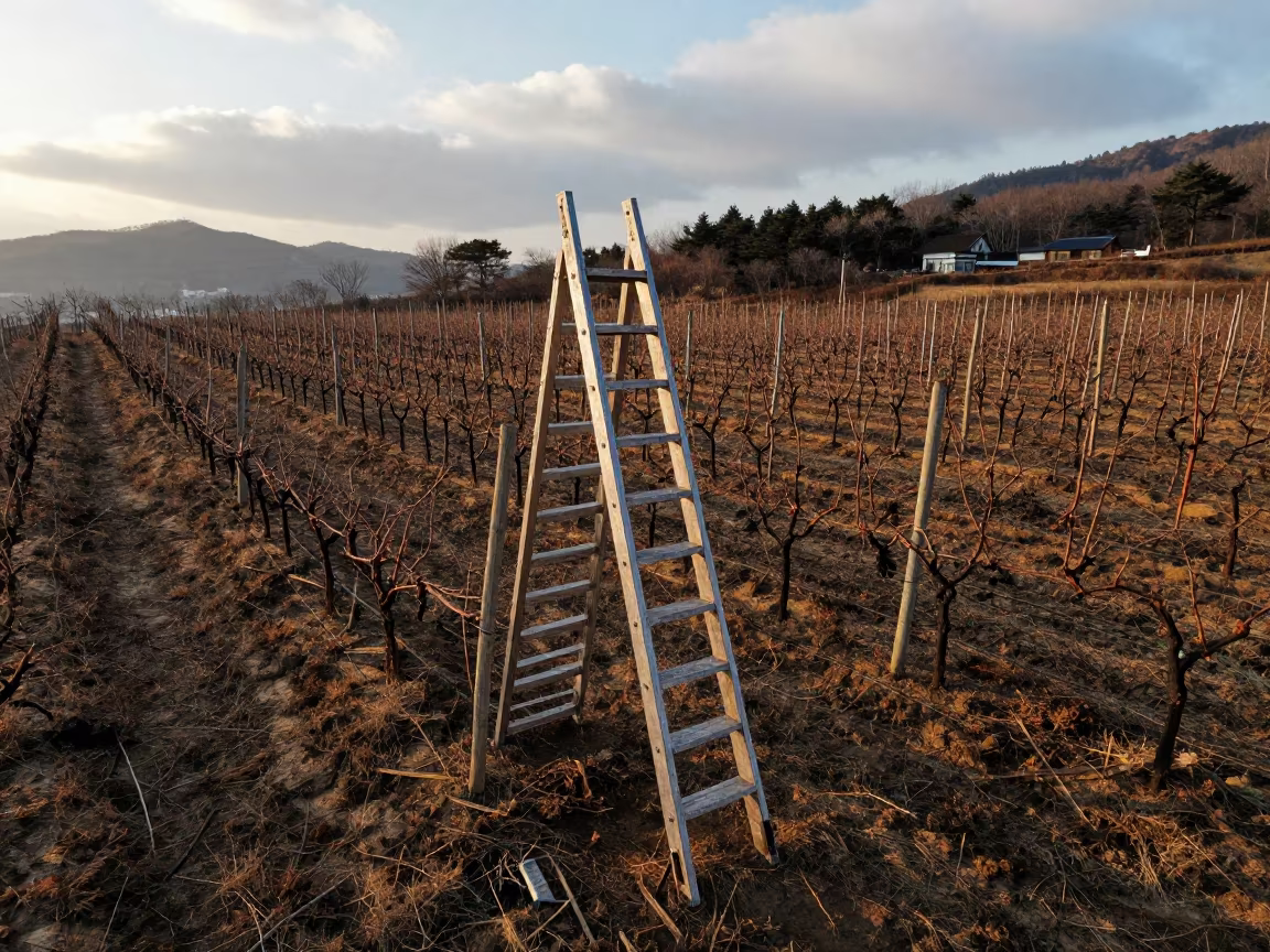 Orchard Ladder in Evening Vineyard Dust in along freshly irrigated rows in Busan