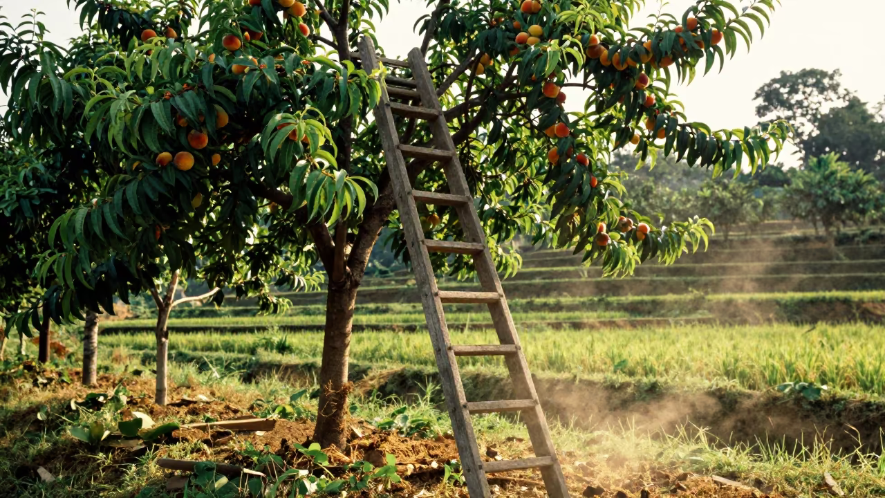 Orchard Ladder Leaning Against Peach Branches in Angolan Paddies in among terraced rice paddies in Angola