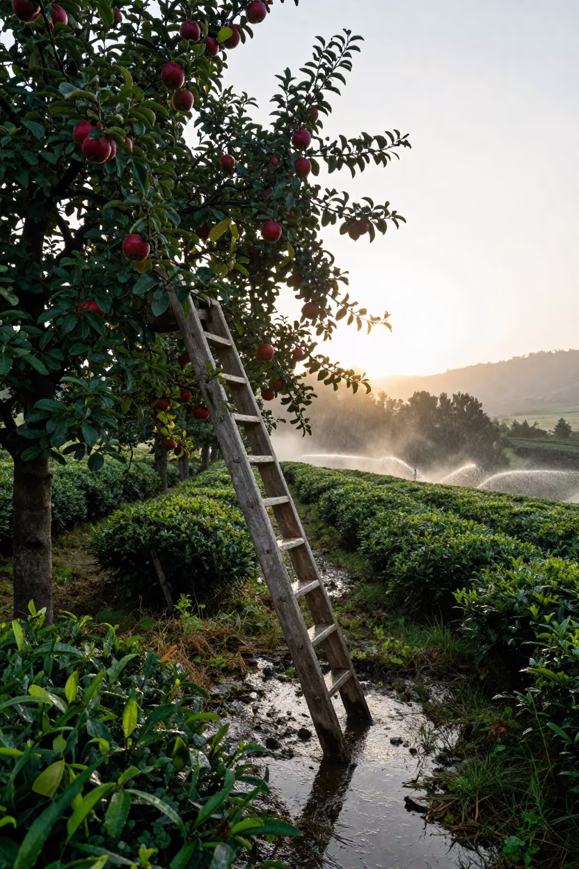 Orchard Ladder Leaning Apple Tree Autumn Haze in at the edge of a tea plantation in Asturias