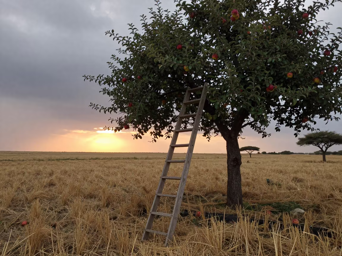 Orchard Ladder Leaning Apple Tree Serengeti Sunset in across a harvested grain field in the Serengeti