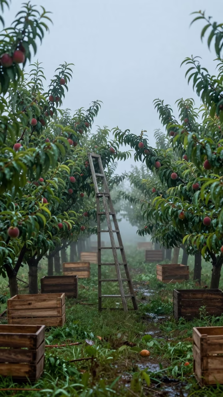 Orchard Ladder Leaning Into Peach Branches Heavy With Fruit in among orchard ladders and crates in France