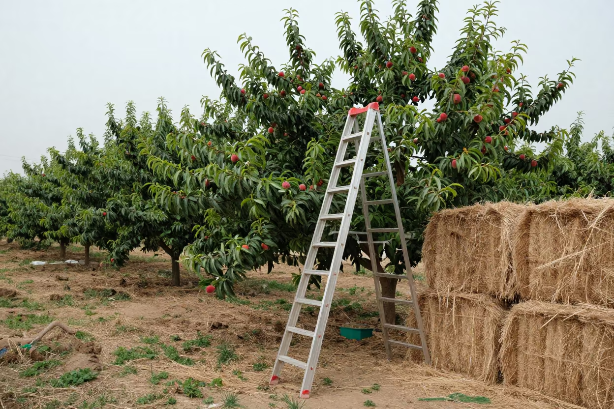 Orchard Ladder Leaning Peach Branches Sialkot in beside stacked hay bales near Sialkot