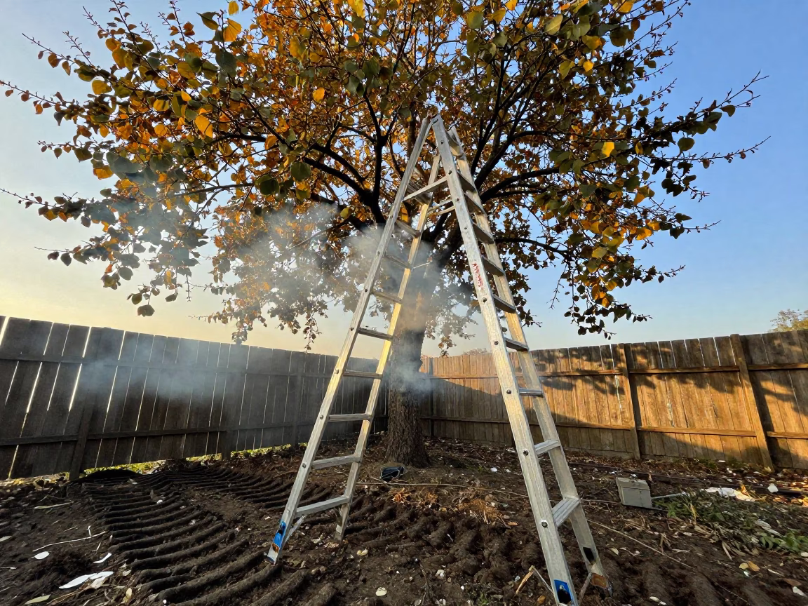 Orchard Ladder Pruning Pear Trees in Golden Autumn in beside a tractor track through dark soil in Taoyuan