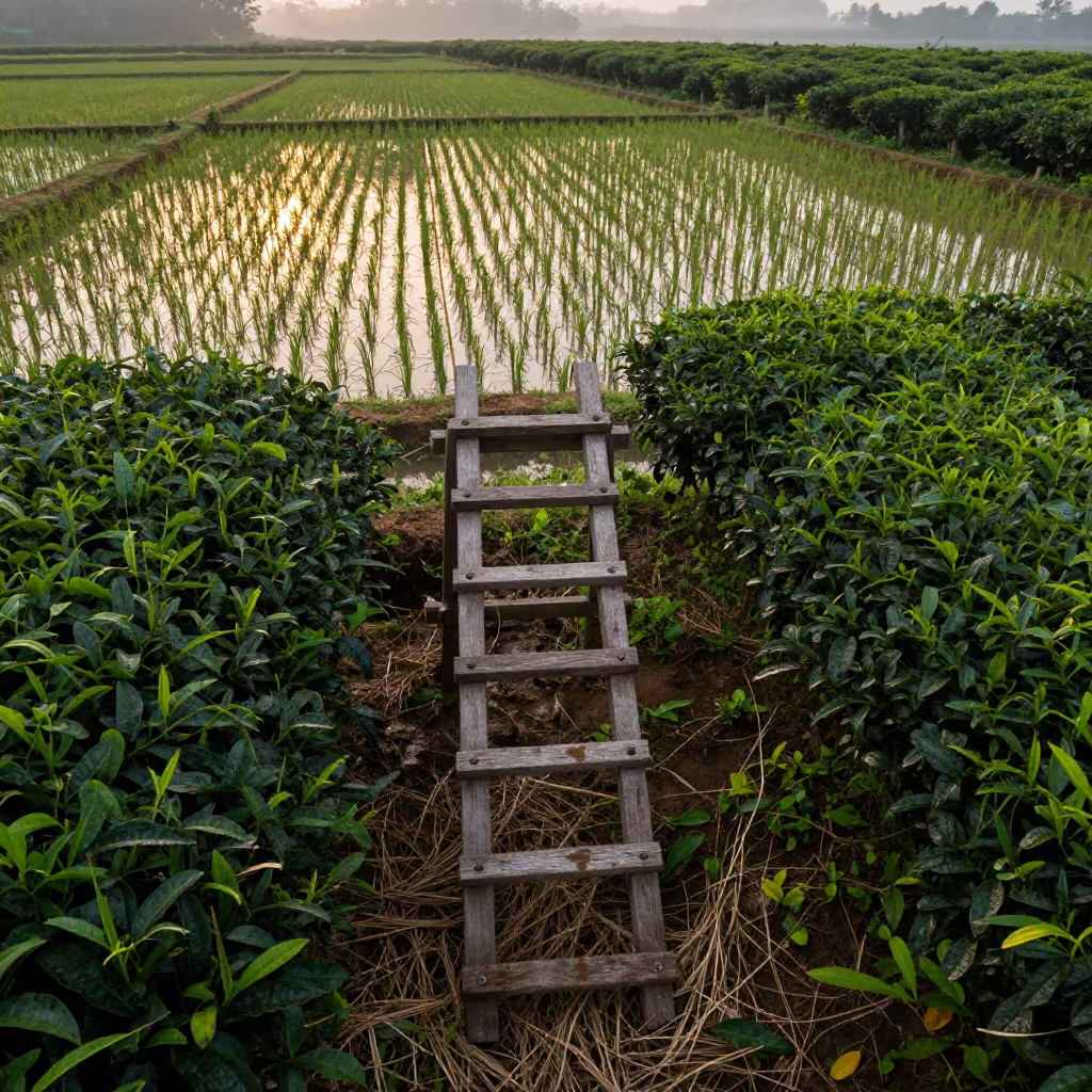 Orchard Ledge Rice Paddy Edge Malaysia in at the edge of a tea plantation in Malaysia