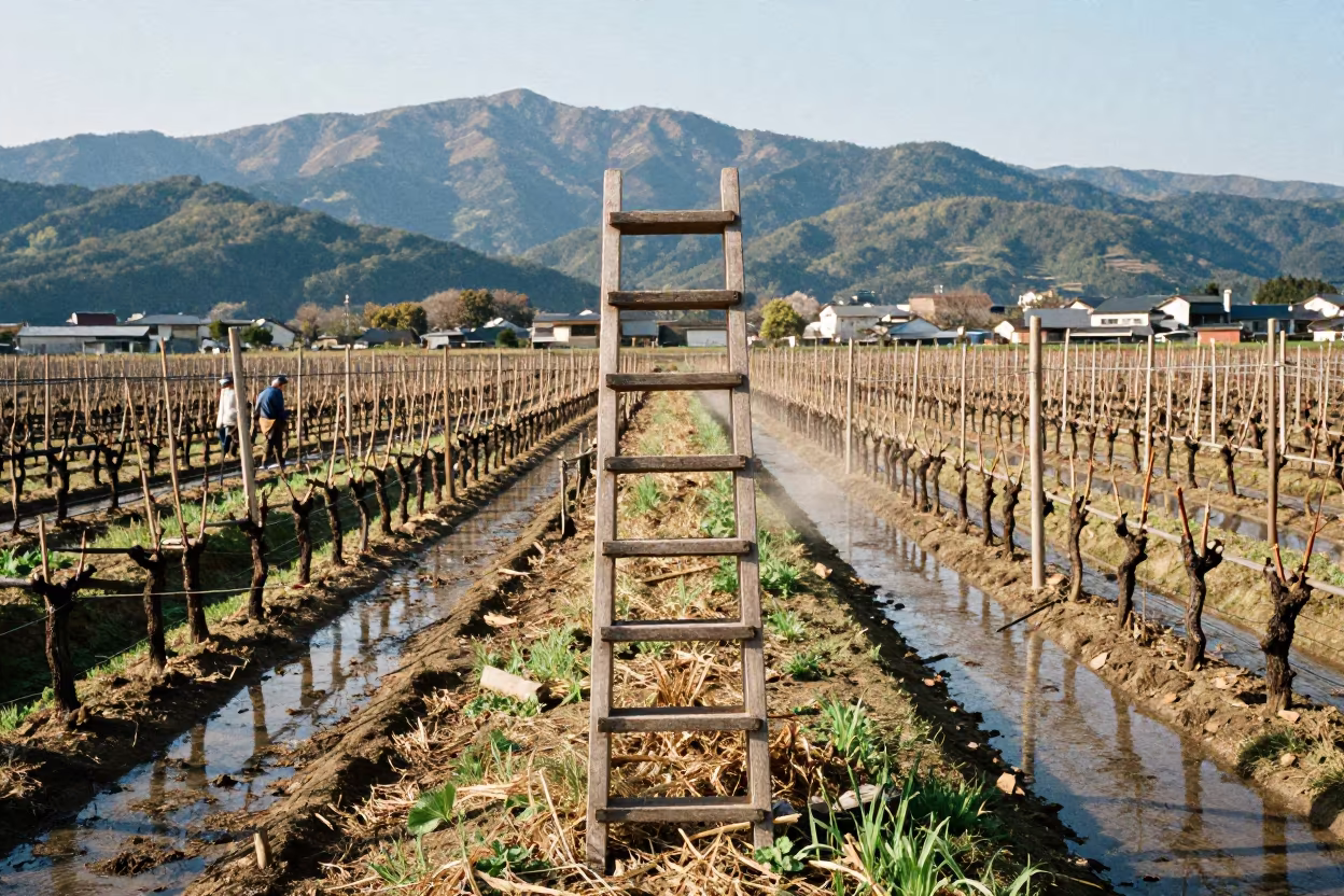 Orchard Ladder in Terraced Rice Paddies in among terraced rice paddies in Osaka