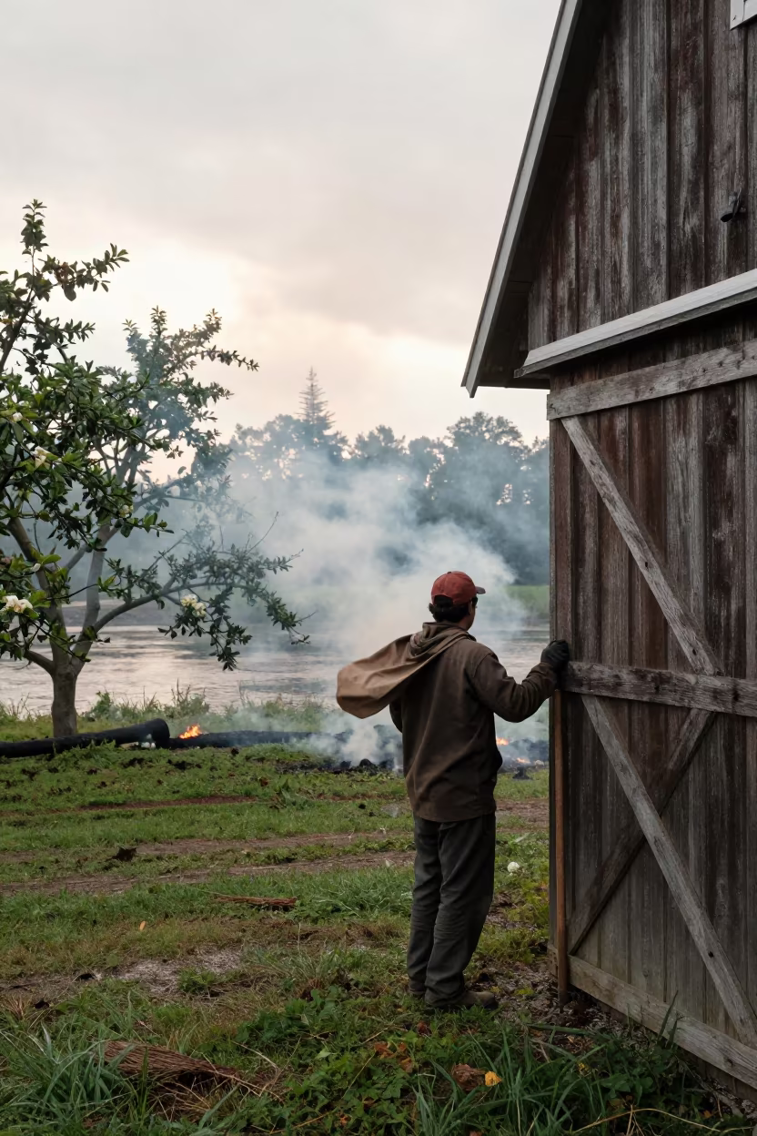 Orchard Picker Halting by Barn Door in Monsoon Wind in by a riverbank near Halifax