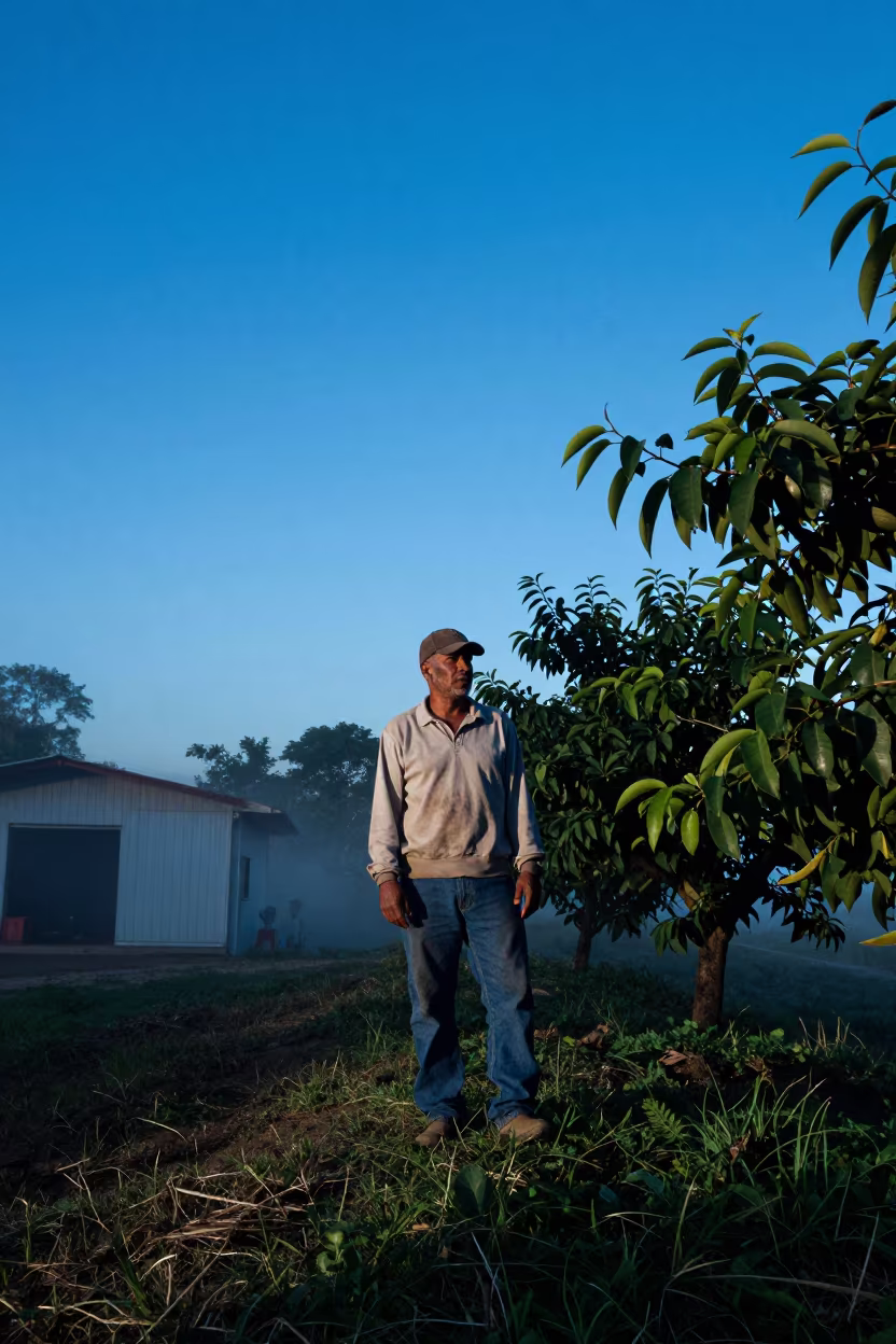 Orchard Picker Under Blue Fog Light Near Garage in on a hillside near Maracaibo