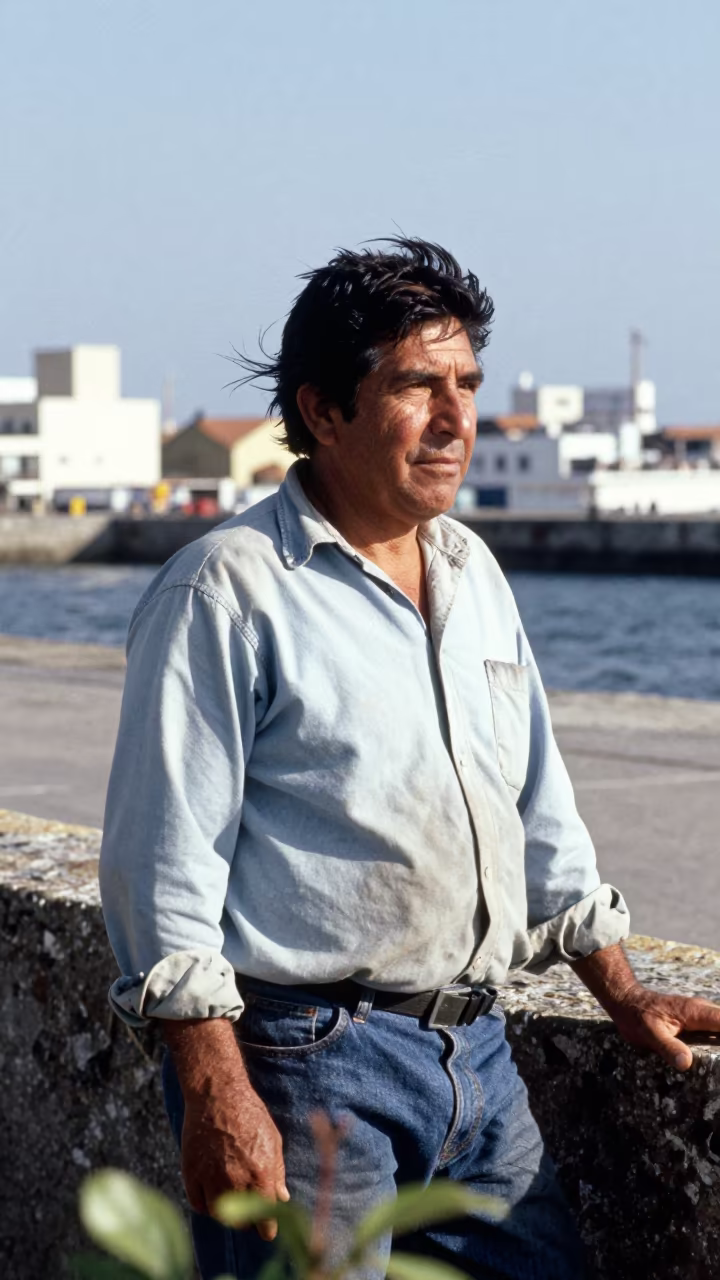 Orchard Picker Portrait with Ink Cuffs in beside a harbor wall near Santiago de los Caballeros