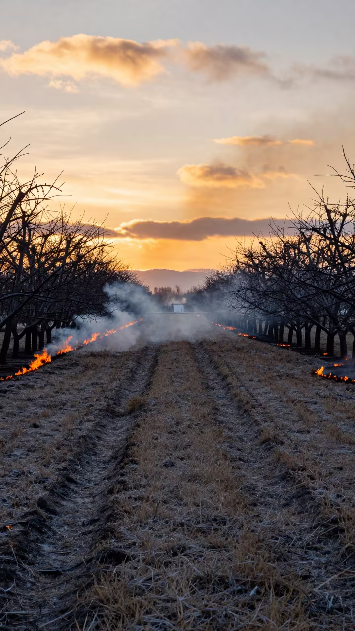Orchard Pruning Fire in Fairbanks Sunset in along freshly irrigated rows in Fairbanks