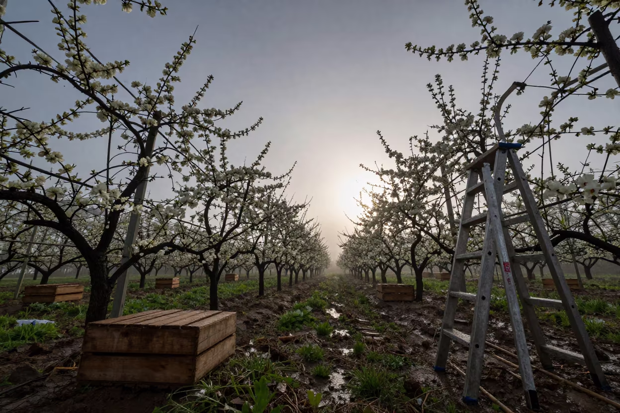 Orchard Rows Blossoming Low Angle Morning Light in among orchard ladders and crates near Bata