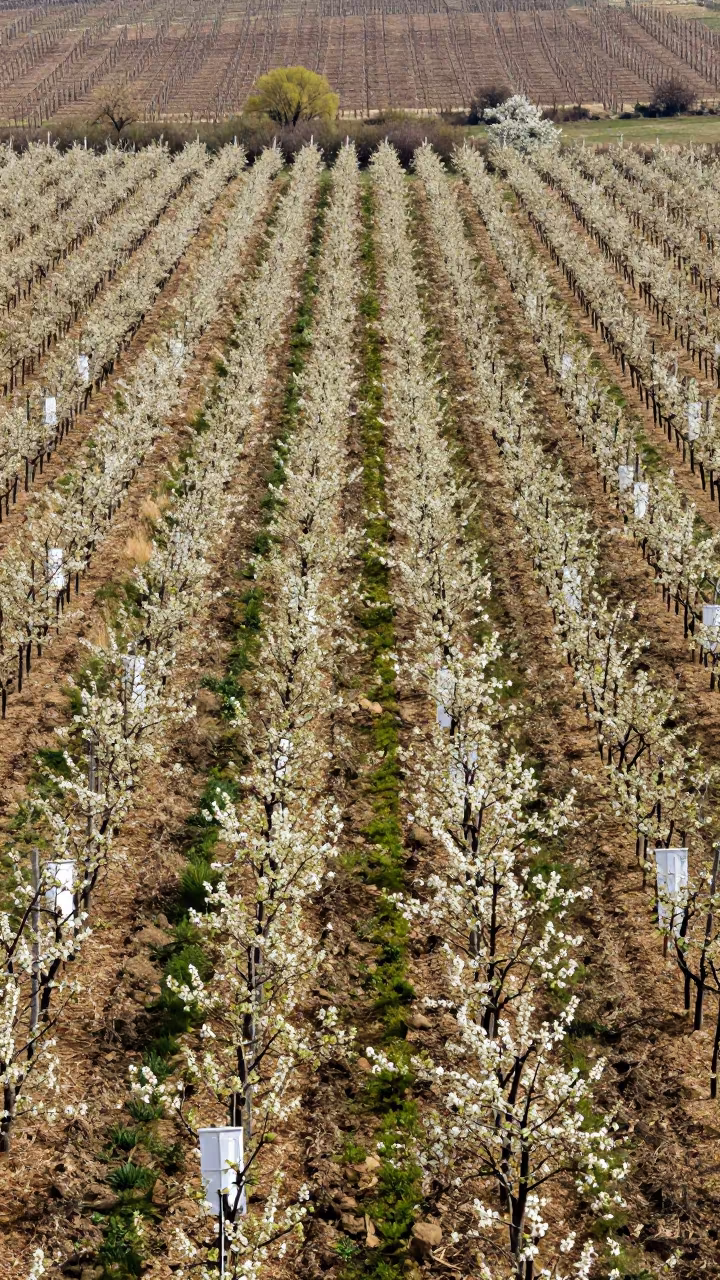 Orchard Rows Between Doors in Autumn Light in between vineyard trellises in the Caucasus