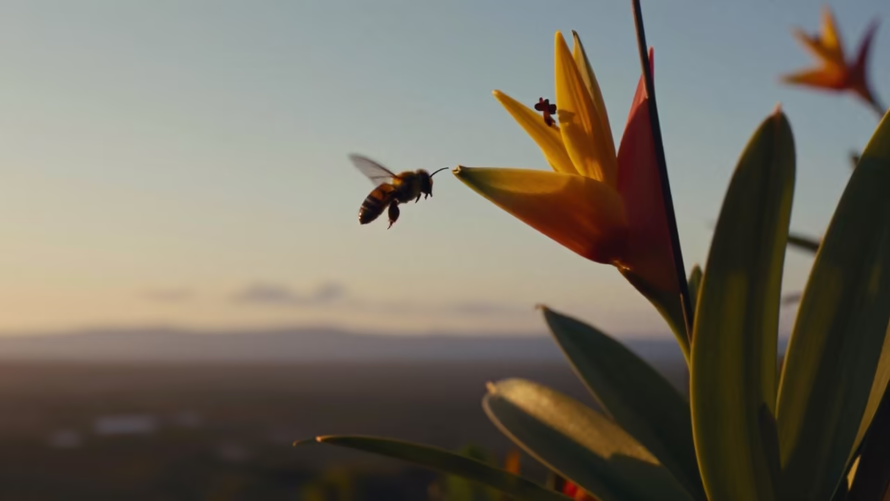 Orchid Bee Hovering Tropical Flower Golden Hour in in Dominican Republic