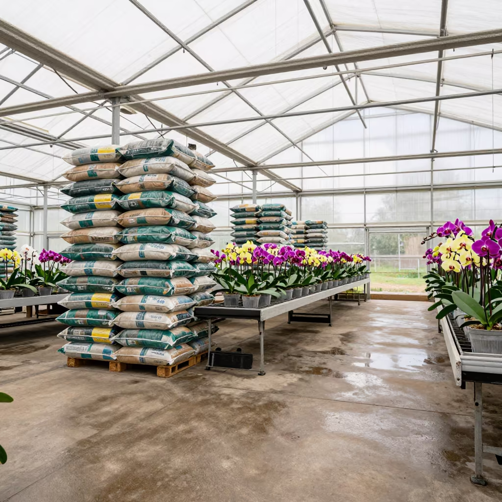 Orchid Greenhouse in Machine Shed Near Minsk in inside a machine shed with seed bags stacked high near Minsk