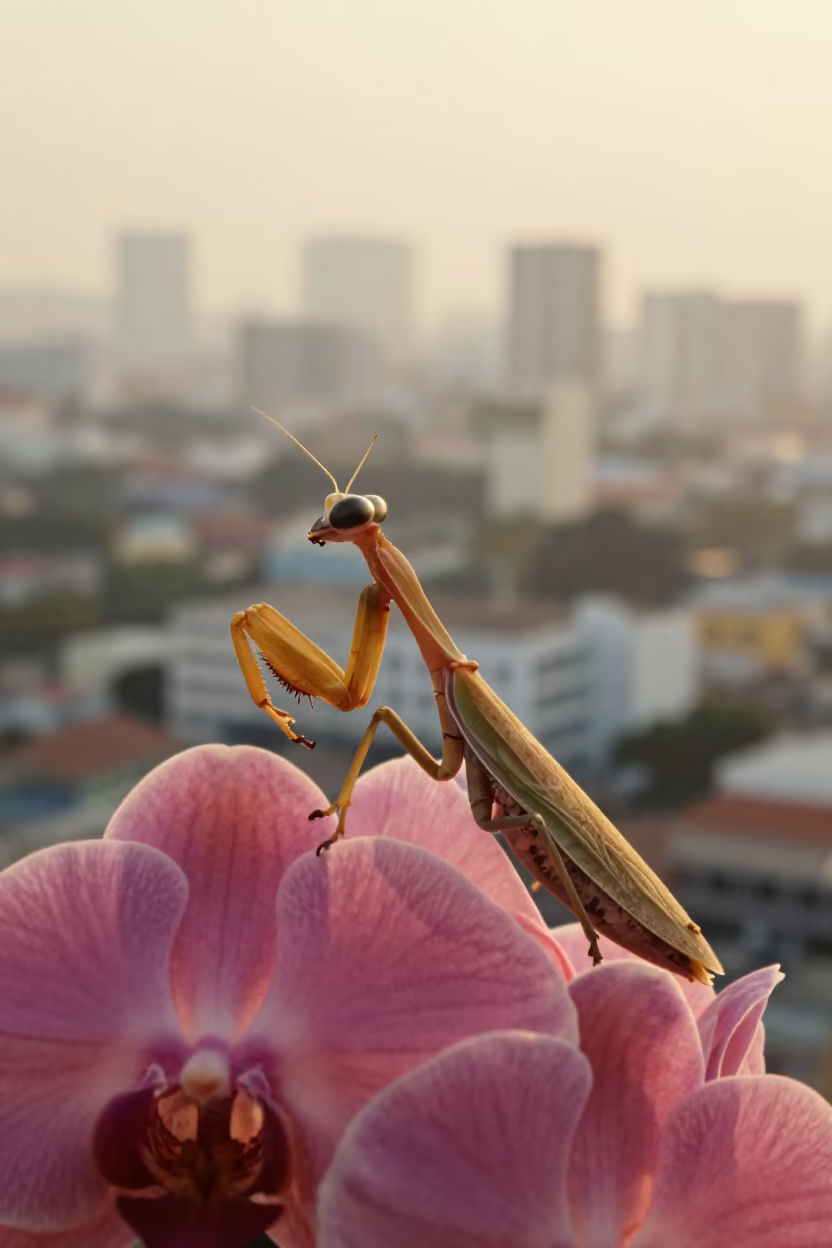 Camouflaged Orchid Mantis on Flower at Golden Hour in near Bui Vien, Ho Chi Minh City