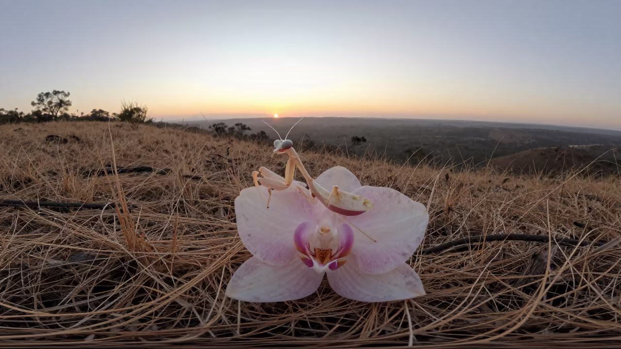 Orchid Mantis Camouflaged on Ridge at Dawn in on a wind-scoured ridge in Queensland