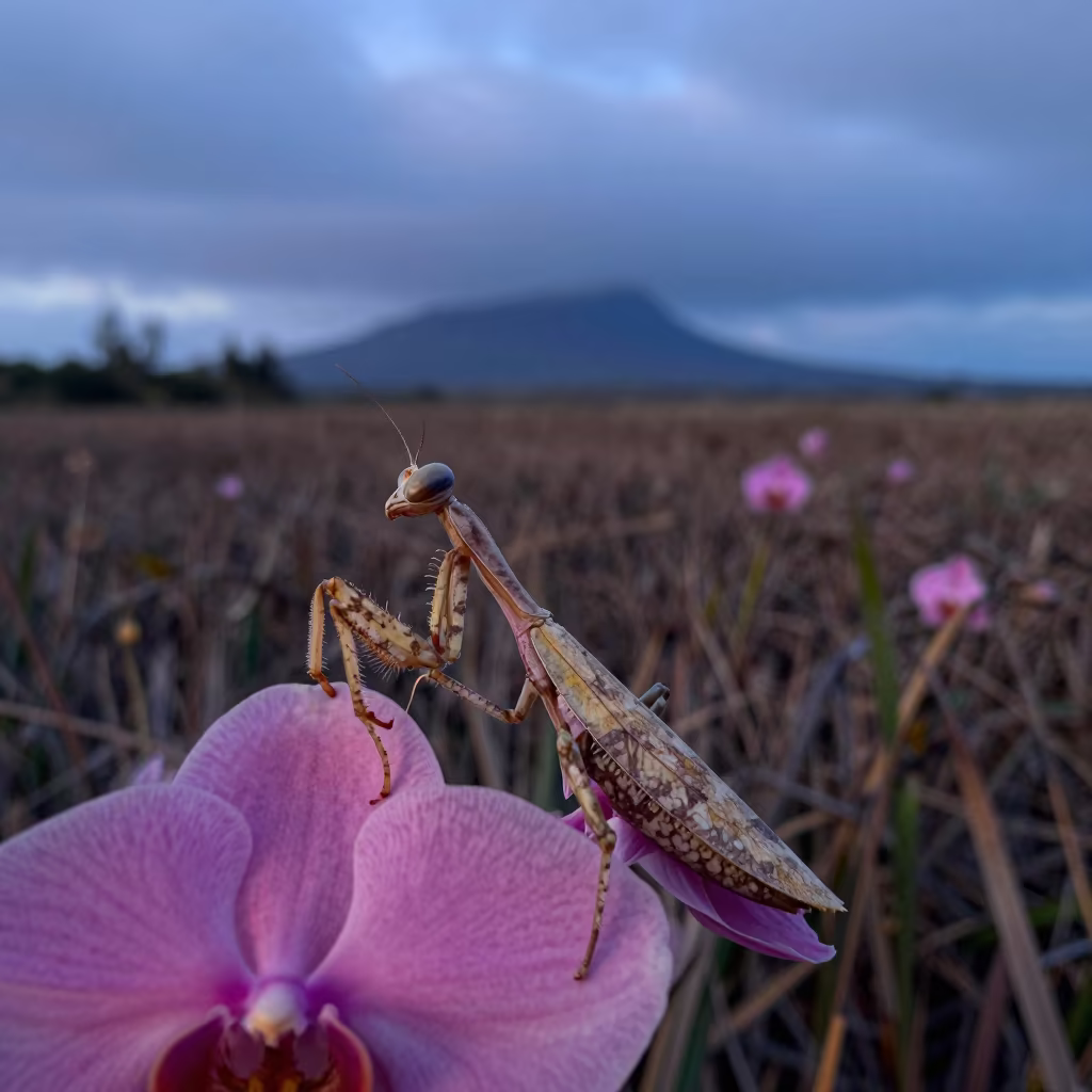 Orchid Mantis Camouflaged in Twilight Hawaii Reed Bed in at the edge of a reed bed in Hawaii