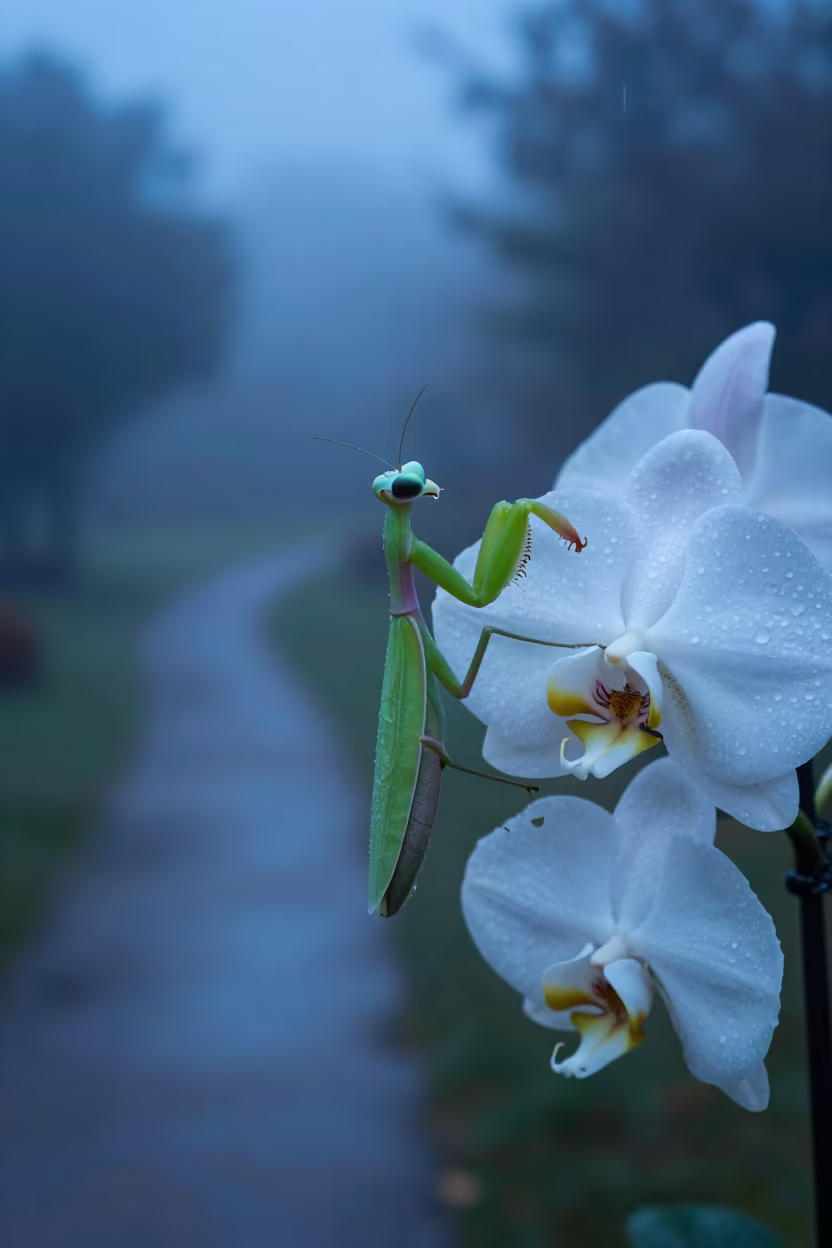 Orchid Mantis on White Flower Blue Hour in along a game trail near Kingston