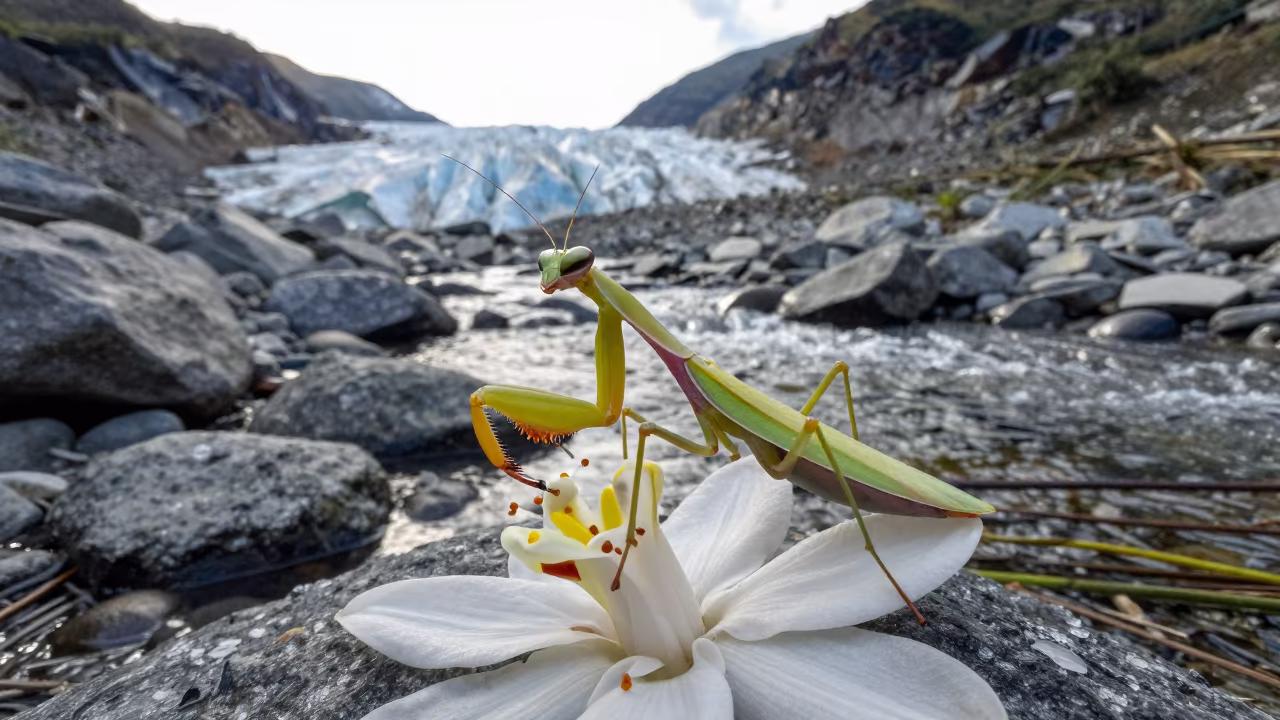 Orchid Mantis on White Flower Near Stream in above a glacial stream near Bui Vien, Ho Chi Minh City
