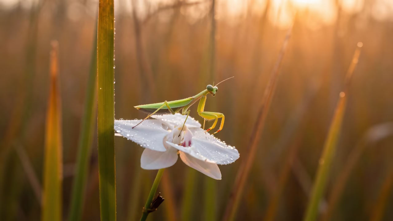 Orchid Mantis on White Flower Sri Lanka in at the edge of a reed bed in Sri Lanka