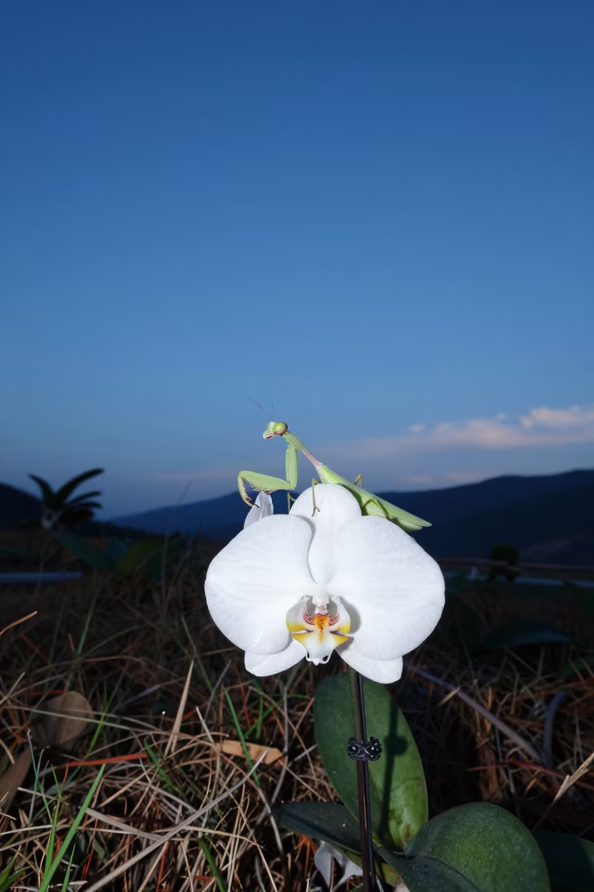 Orchid Mantis on White Flower in Twilight Yunnan in in Yunnan