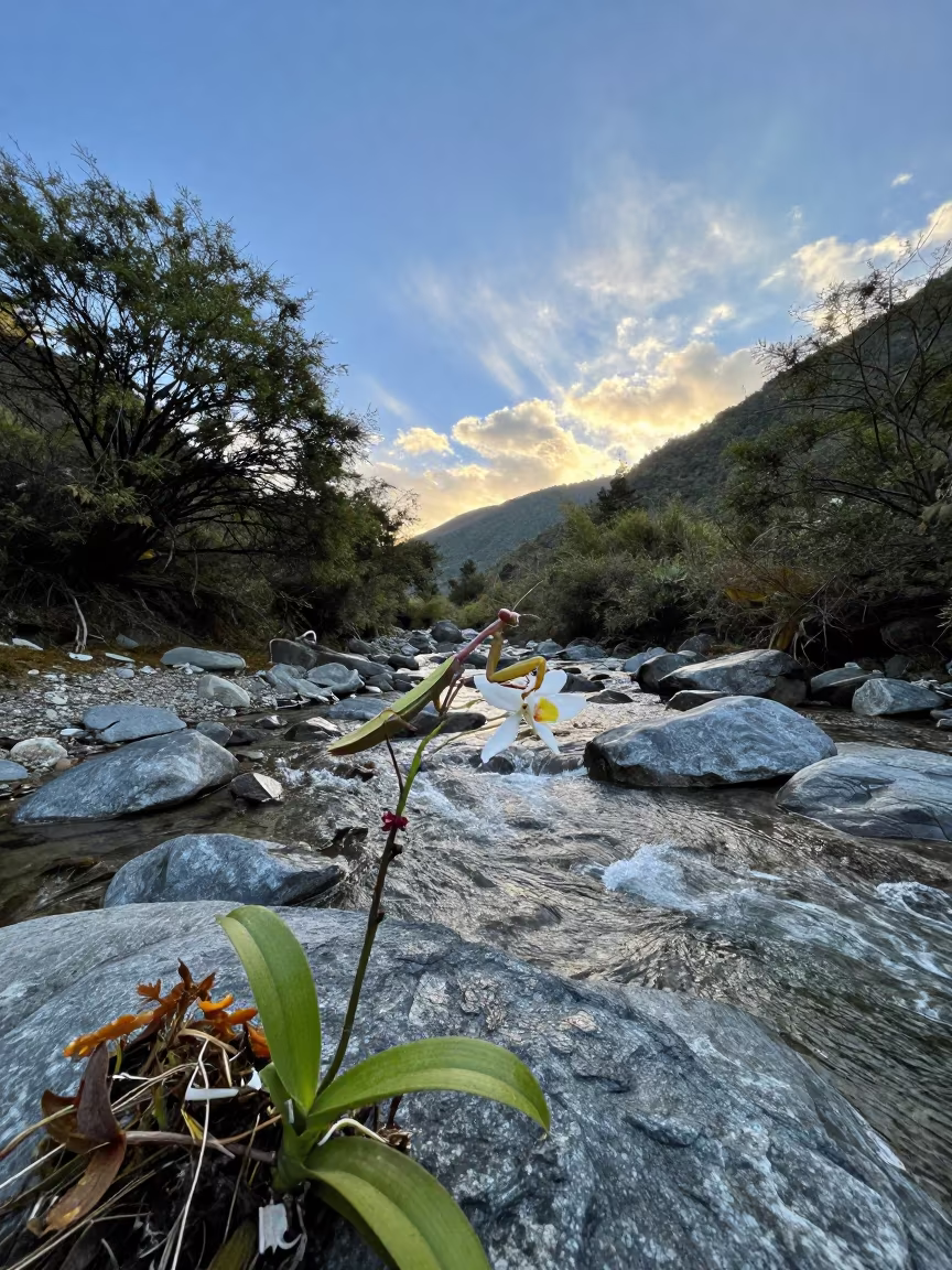Orchid Mantis on White Flower Yunnan Stream in above a glacial stream in Yunnan