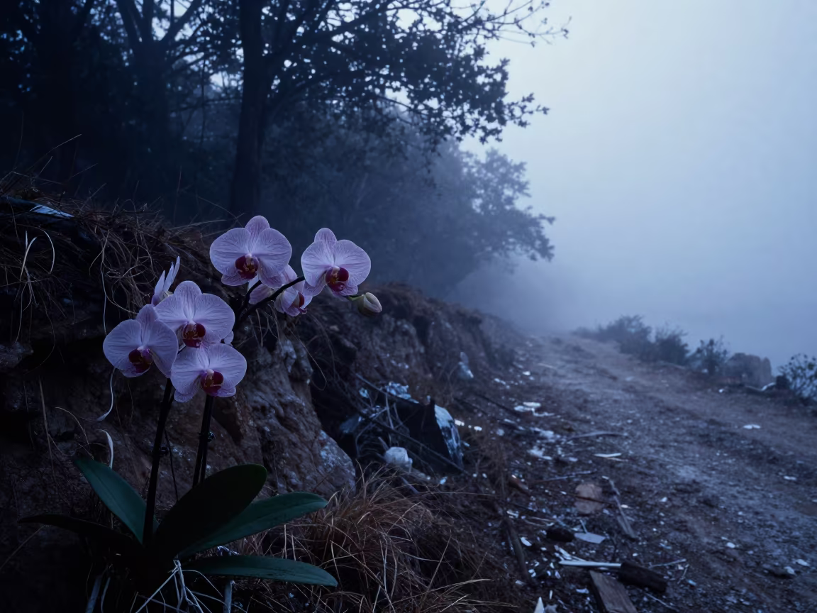 Orchid Spray Beside Path on Karachi Cliff at Blue Dawn in along a salt-sprayed cliff edge near Karachi