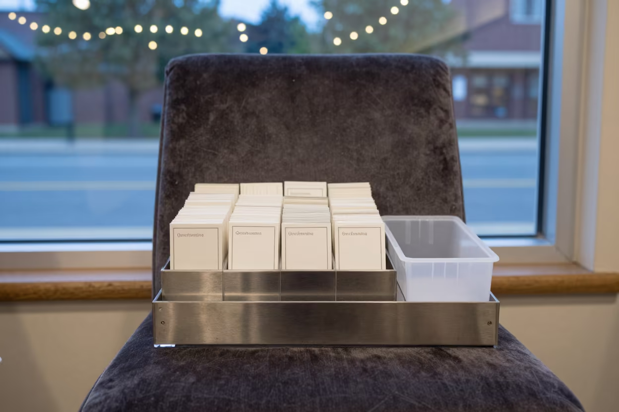 Order Cancellation Stamp Tray on Velvet Chair in on a velvet chair near Burlington