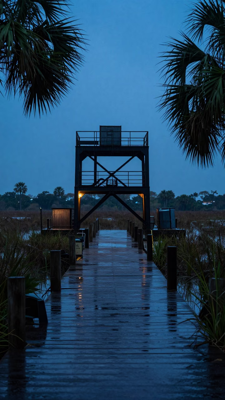 Ore Dock in Florida Floodplain Blue Hour Rain in across a floodplain after rain in Florida
