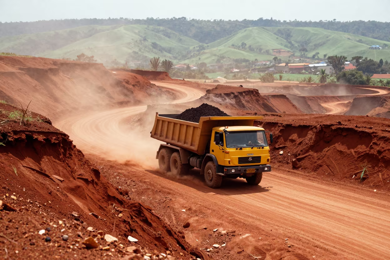 Ore Hauling Truck on Spiraling Quarry Road Burundi in in Burundi