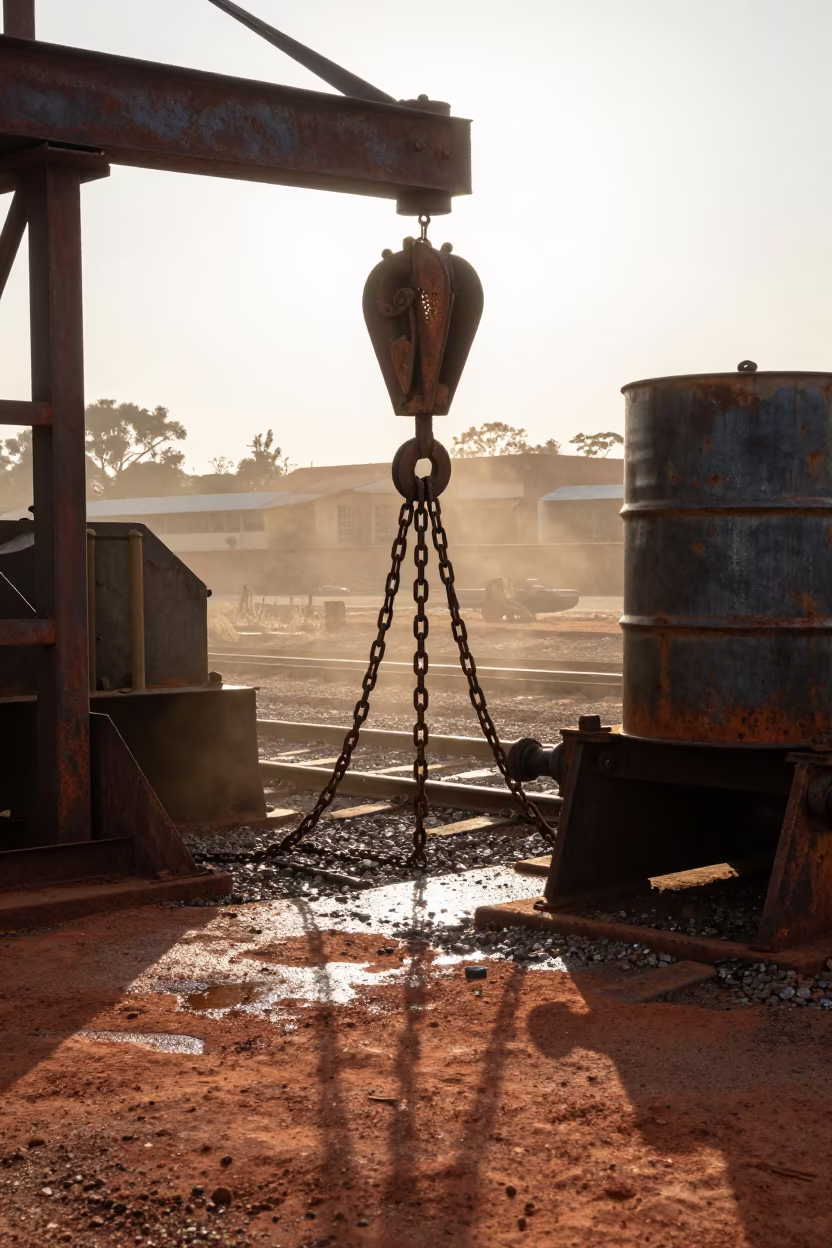 Ore Yard Barrel Hoist in Wet Season Sunset Haze in at a rail yard near Harare