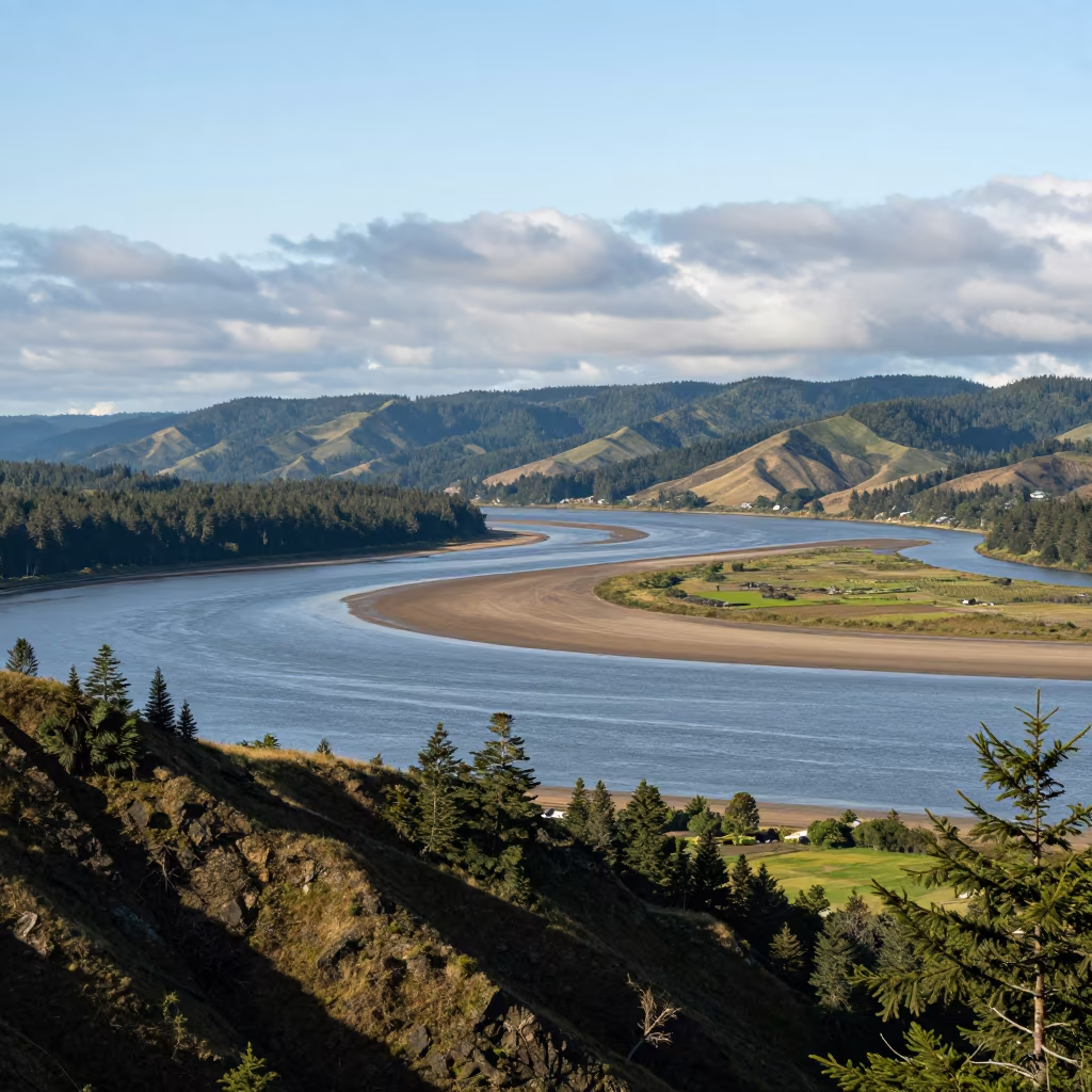 Oregon Estuary River Meets Ocean Foothills in from a ridge above layered foothills in Oregon