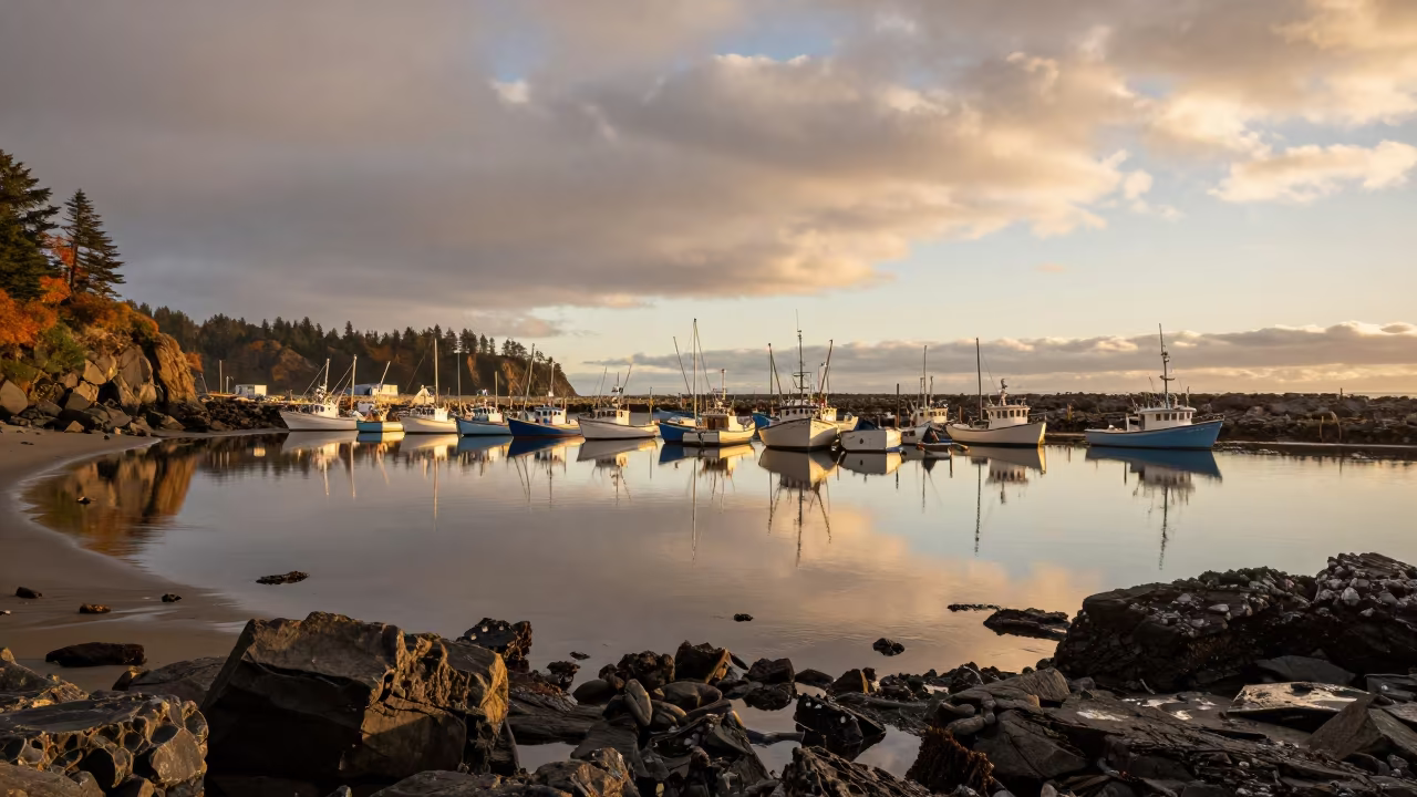 Oregon Harbor Fishing Boats Autumn Evening in along a wave-cut shoreline in Oregon