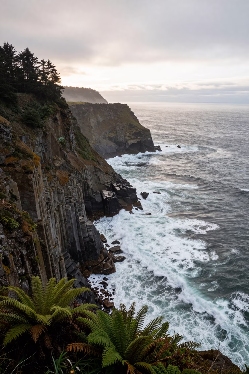 Oregon Sea Cliffs Aerial View Late Afternoon Drizzle in in Oregon