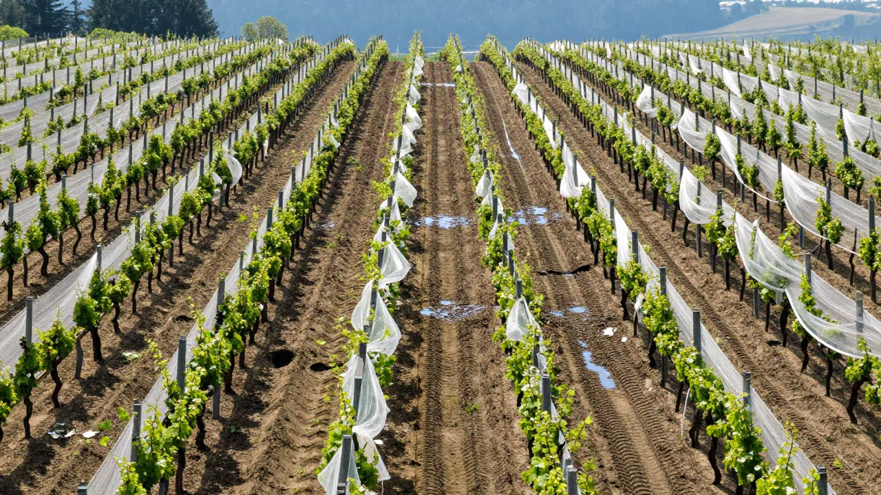 Oregon Vineyard Row Hail Damaged Netting Tractor Trail in between vineyard trellises in Oregon
