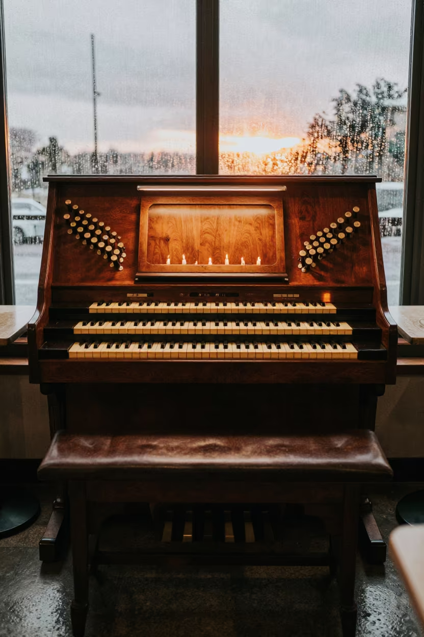 Organ Console on Cafe Table at Sunset in on a cafe table by a window near Navi Mumbai