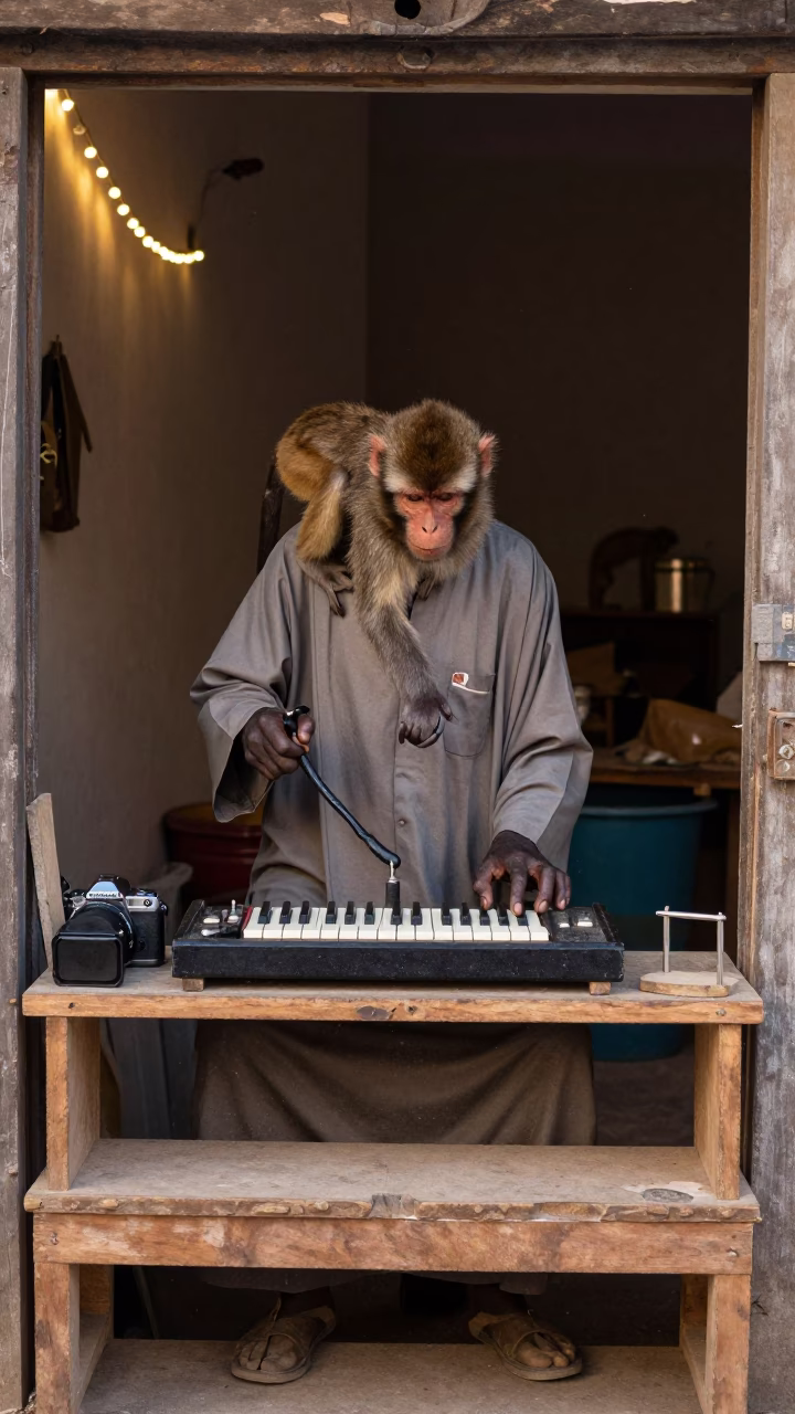 Organ Grinder and Monkey on Shelf in Sidi Bel Abbès in on a workshop shelf in Sidi Bel Abbès