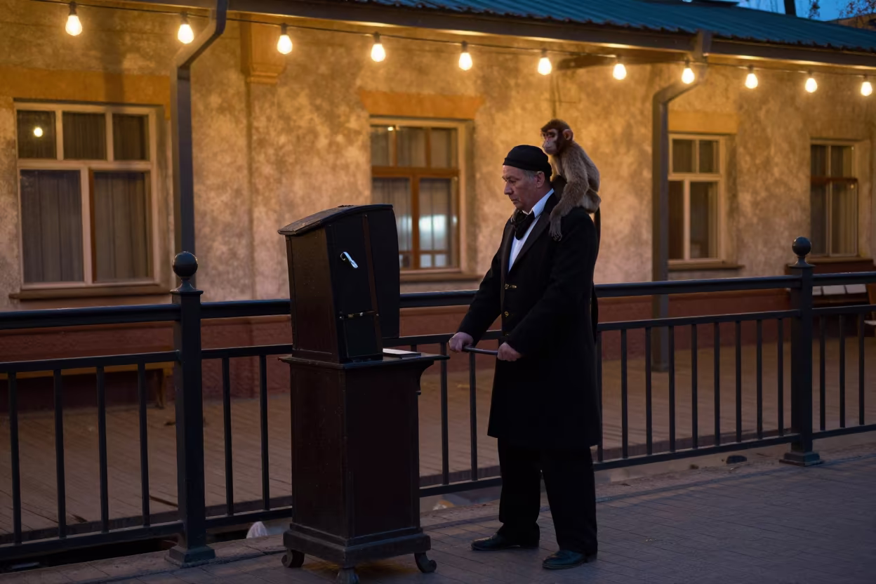 Organ Grinder and Monkey on Tolyatti Pier Railing in on a pier railing in Tolyatti