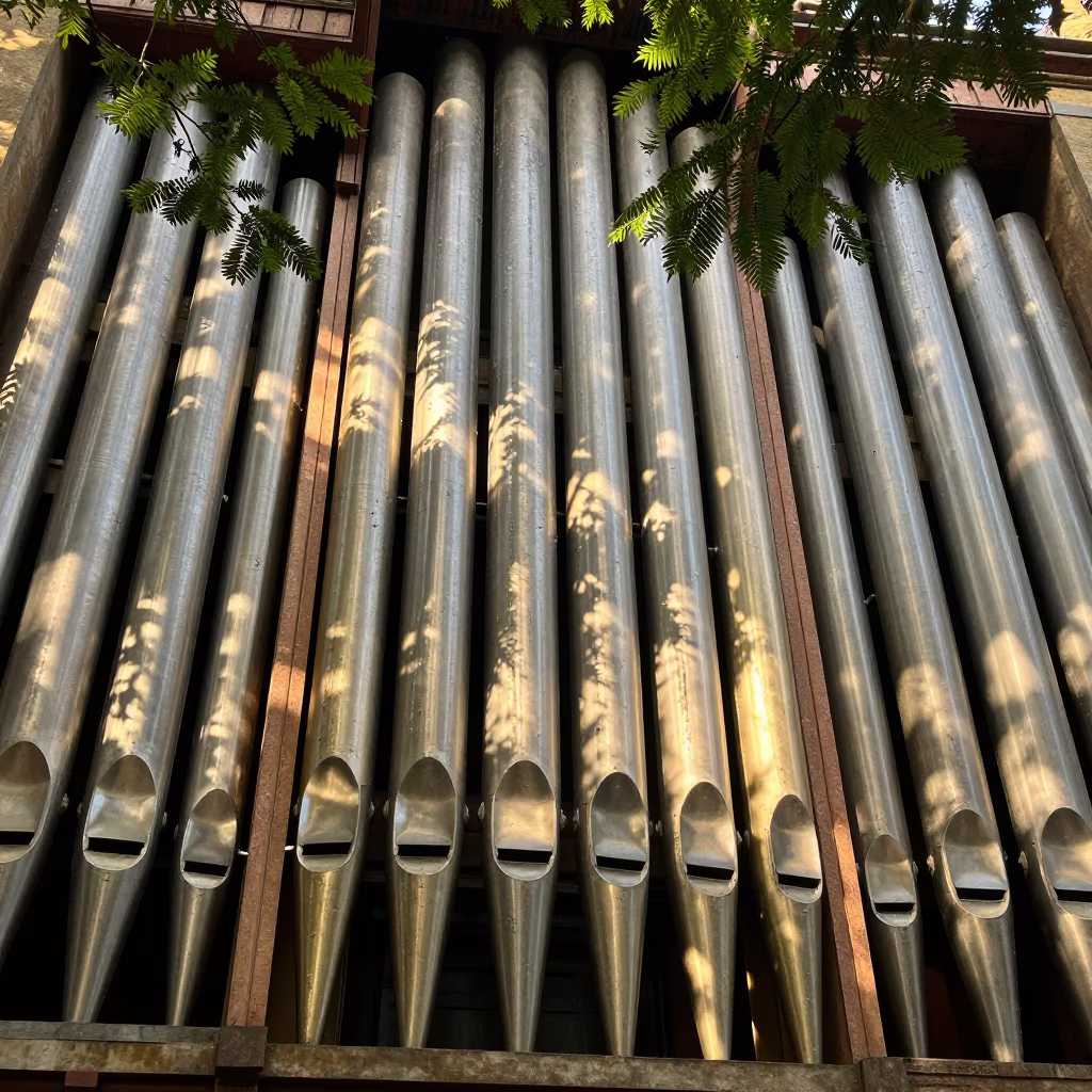 Organ Pipes in Dappled Monsoon Light in on a theater stage in Addis Ababa