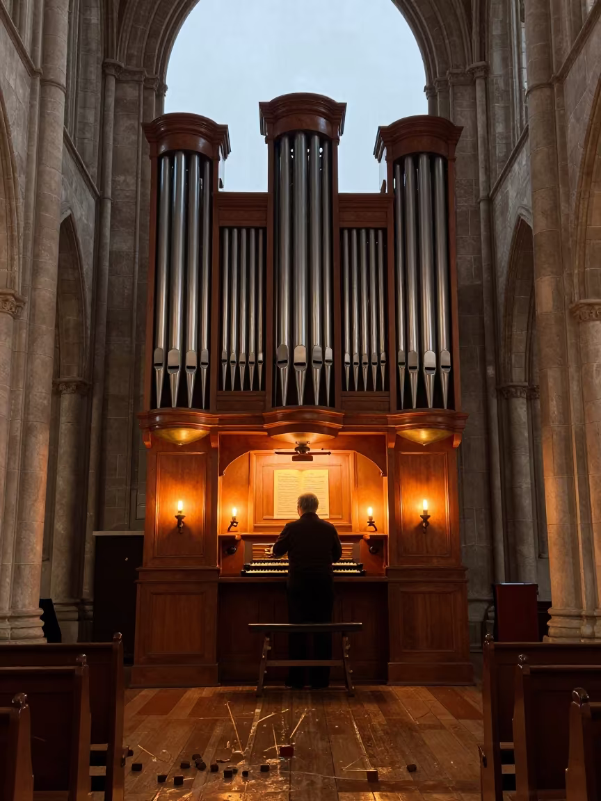 Organist Pulling Stops on Cathedral Pipe Organ in inside a candlelit nave in Yeumbeul Nord