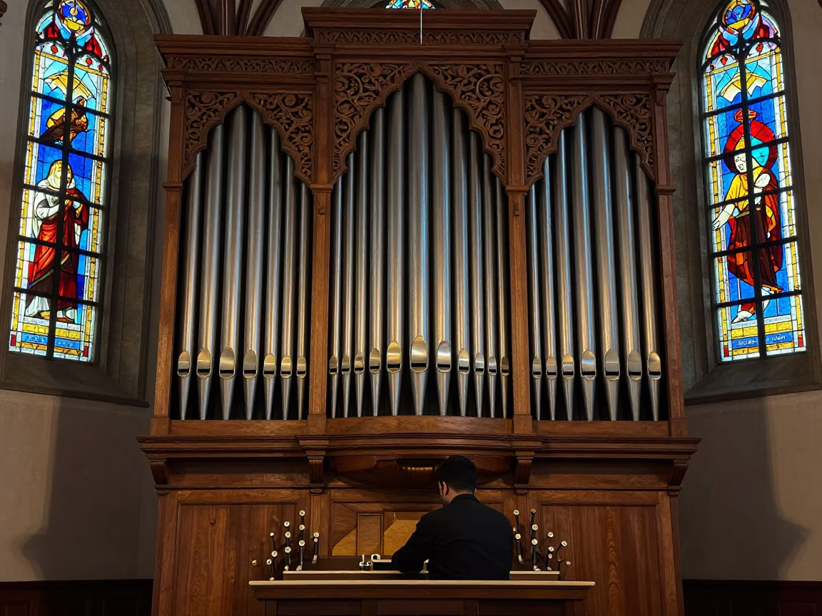 Organist Pulling Stops on Chiniot Cathedral Organ in in a chapel lit by stained glass in Chiniot