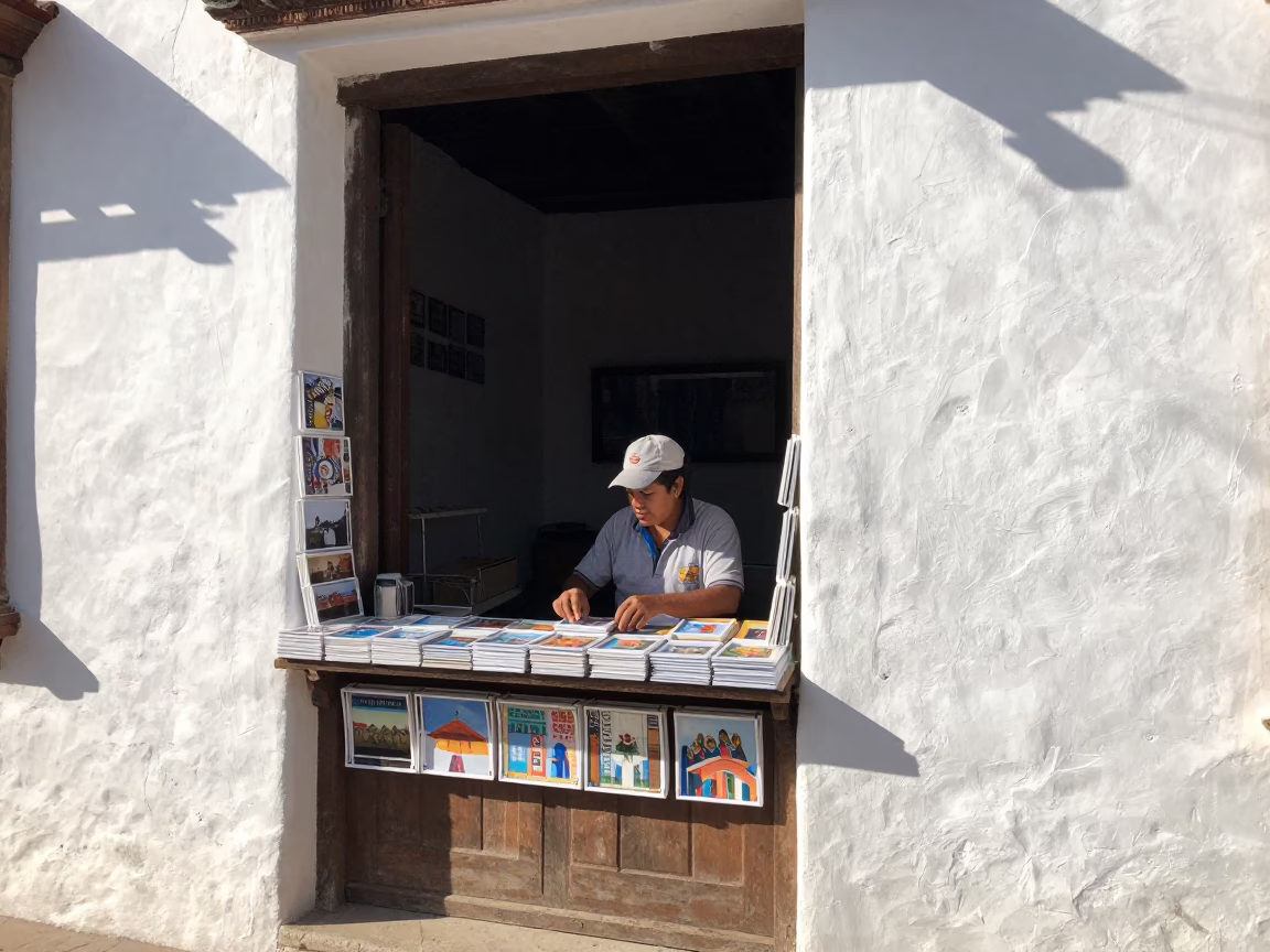 Organizing Postcards in Cartagena in in Cartagena, Colombia