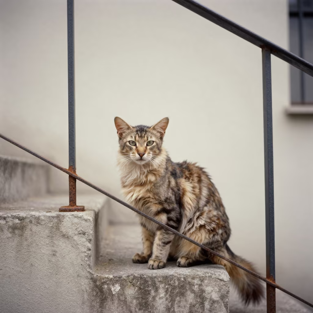 Oriental Longhair Cat Amidst Quezon City Mist in beside a plain courtyard wall in clear daylight with the animal at eye level near Quezon City