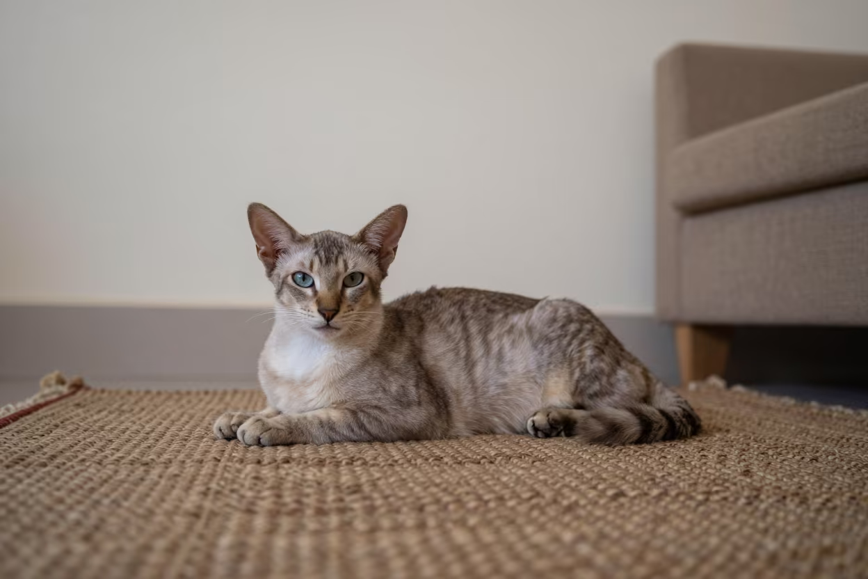 Oriental Longhair Cat Lounging on Woven Rug in Omdurman in on a woven rug beside a low couch and an uncluttered wall in Omdurman