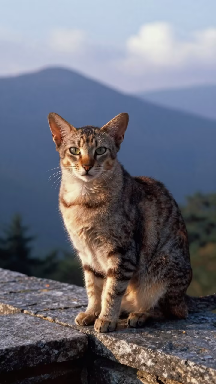 Oriental Longhair Cat on Courtyard Wall in Chipata in near a garden edge with soft morning light and an uncluttered background in Chipata (Fort Jameson)