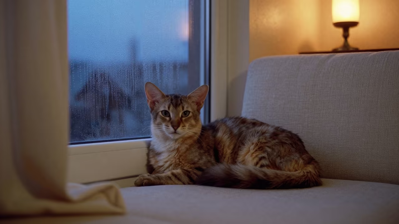 Oriental Longhair Cat on Linen Sofa Candlelight in on a linen sofa with daylight from a nearby window near Tokyo