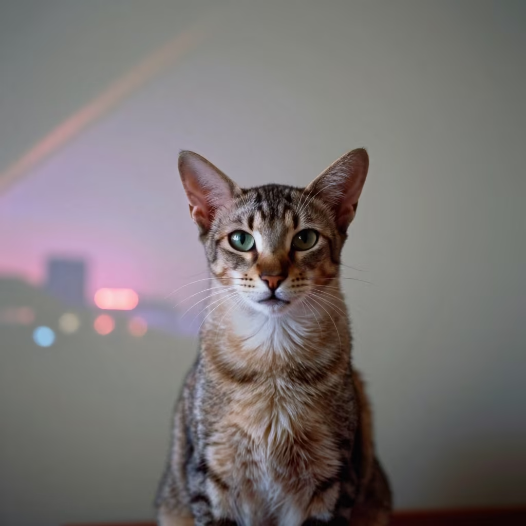Oriental Longhair Portrait in Neon Light Bahawalpur in beside a plain plaster wall in soft indoor light with the animal centered in frame in Bahawalpur