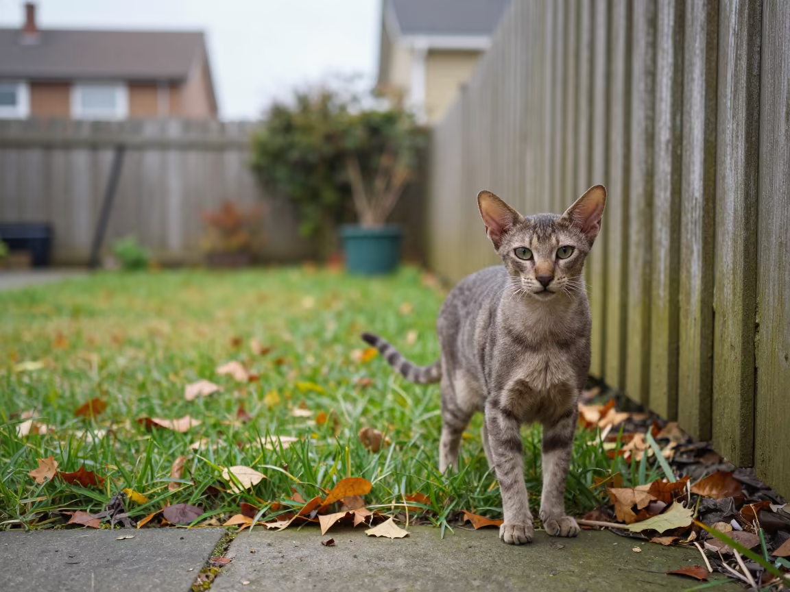 Oriental Shorthair Cat in Brighton Autumn Garden in in a small yard with clipped grass, calm light, and the animal centered in frame in Brighton and Hove