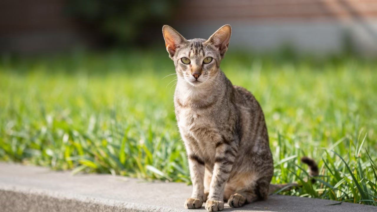 Oriental Shorthair Cat in Podgorze Garden in in a small yard with clipped grass, calm light, and the animal centered in frame in Podgorze, Krakow