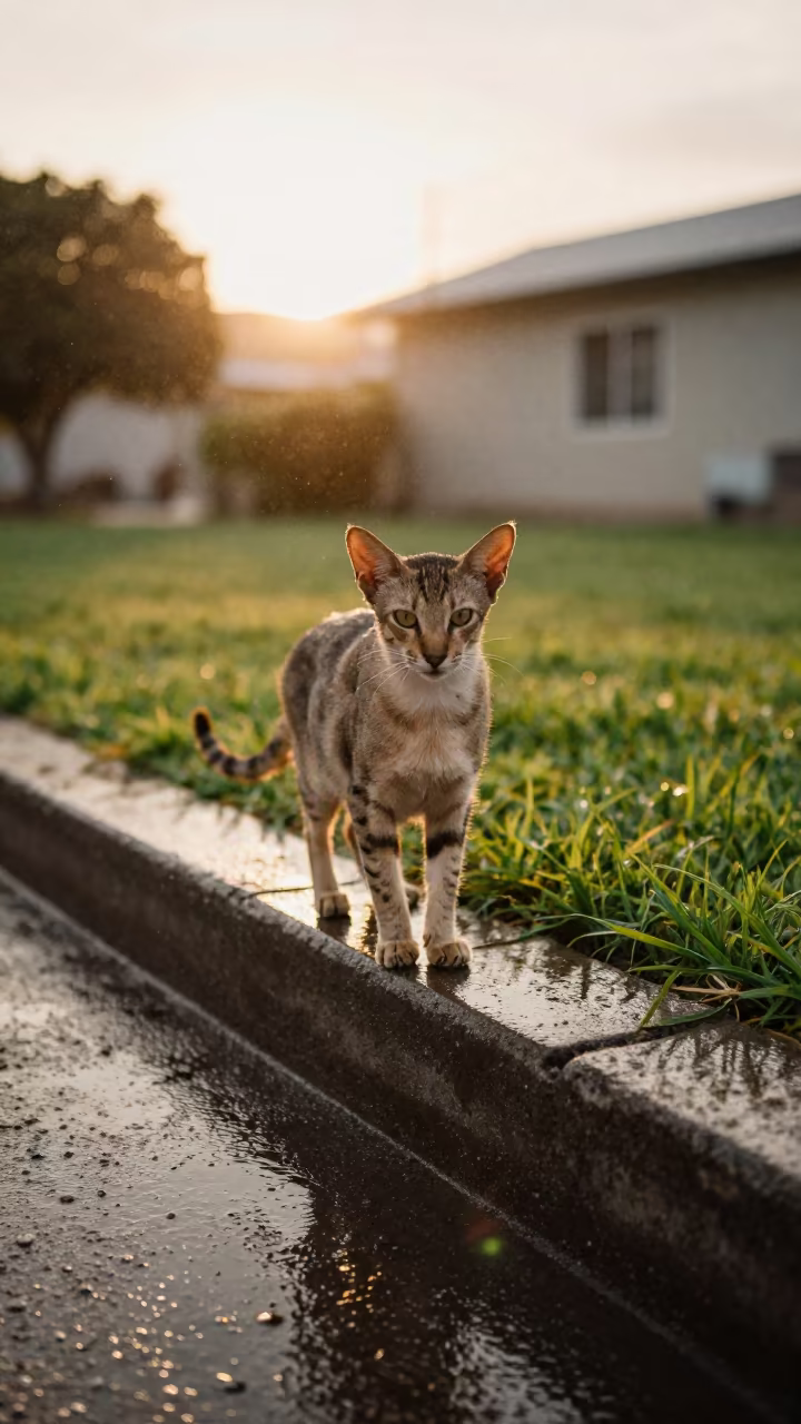Oriental Shorthair Cat in Santa Cruz Evening Light in in a small yard with clipped grass, calm light, and the animal centered in frame in Santa Cruz de la Sierra