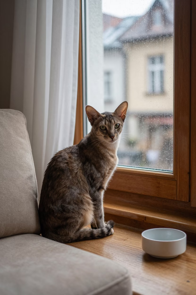 Oriental Shorthair Cat on Sofa Near Brasov Window in on a sofa near a curtained window with calm indoor light in Brasov